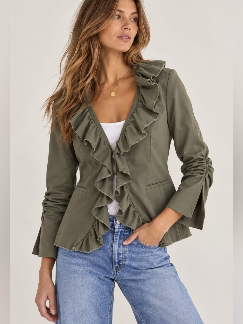 Alice + Olivia Ruffle Front Distressed Cotton Blazer Jacket M Y2K Military Boho